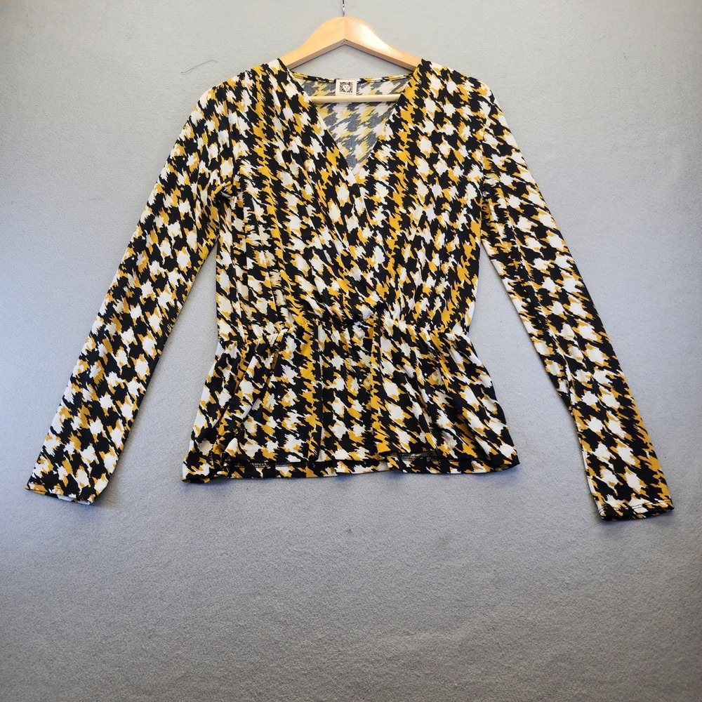 Anne Klein Yellow Black Abstract Houndstooth‎ Peplum Wrap Top Long Sleeve Small